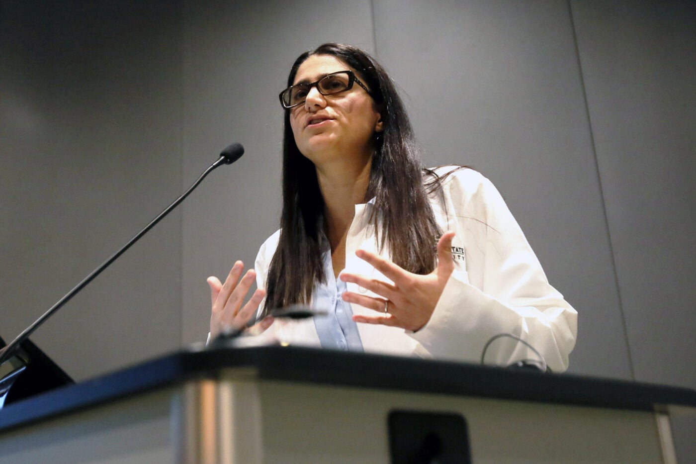 Dr. Mona Hanna-Attisha speaks at a podium with a microphone.