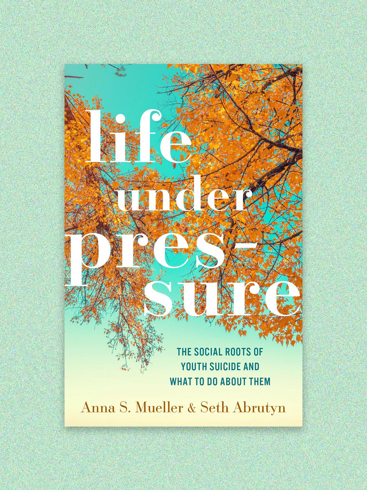 Book cover for “Life under pressure: The social roots of youth suicide and what to do about them” by Anna S. Mueller and Seth Arbrutyn; White text on an image of golden tree leaves, looking up. The cover is on a light green speckled background.