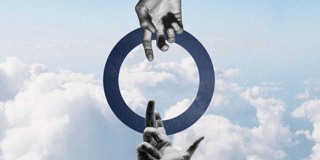Digital illustration: Two hands reach across a blue and white-sky void, trying to touch. In the center is a hollowed circle with a night sky.