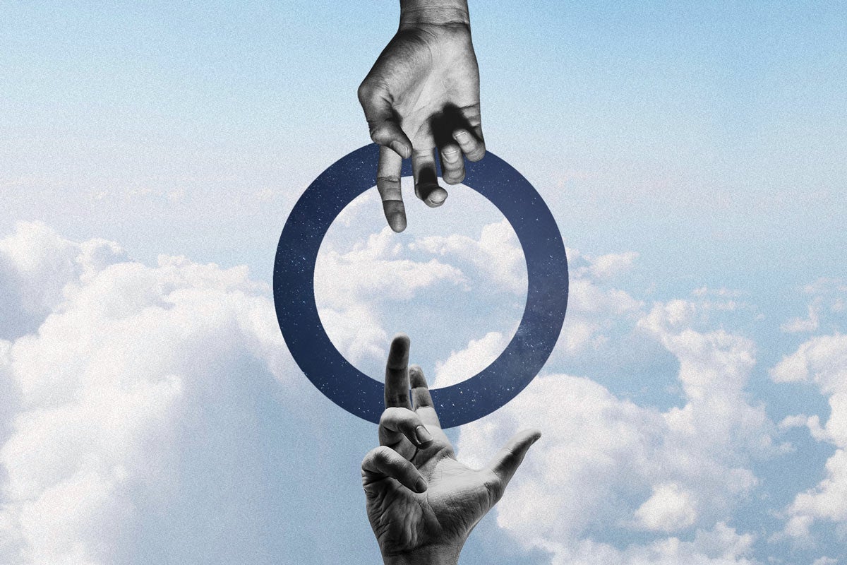 Digital illustration: Two hands reach across a blue and white-sky void, trying to touch. In the center is a hollowed circle with a night sky.
