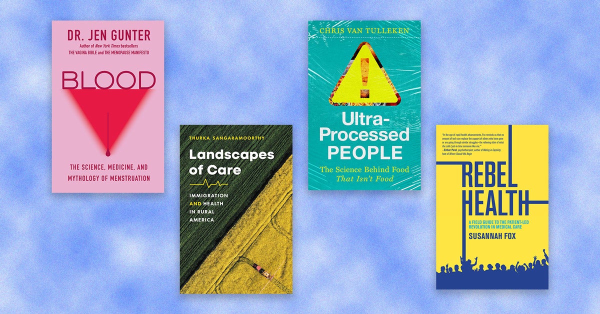 Four book covers on a indigo-cloud background. L-R: Blood, Landscapes of Care, Ultra-Processed People, Rebel Health
