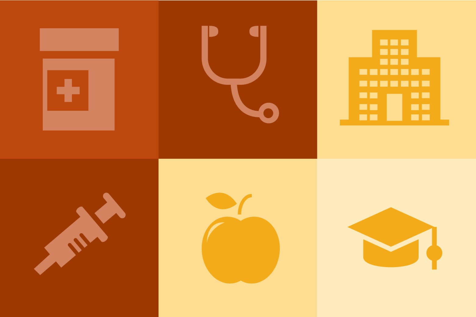 Orange and yellow grid of six medical and public health icons: pill bottle, stethoscope, apartment building, graduation cap, apple, syringe