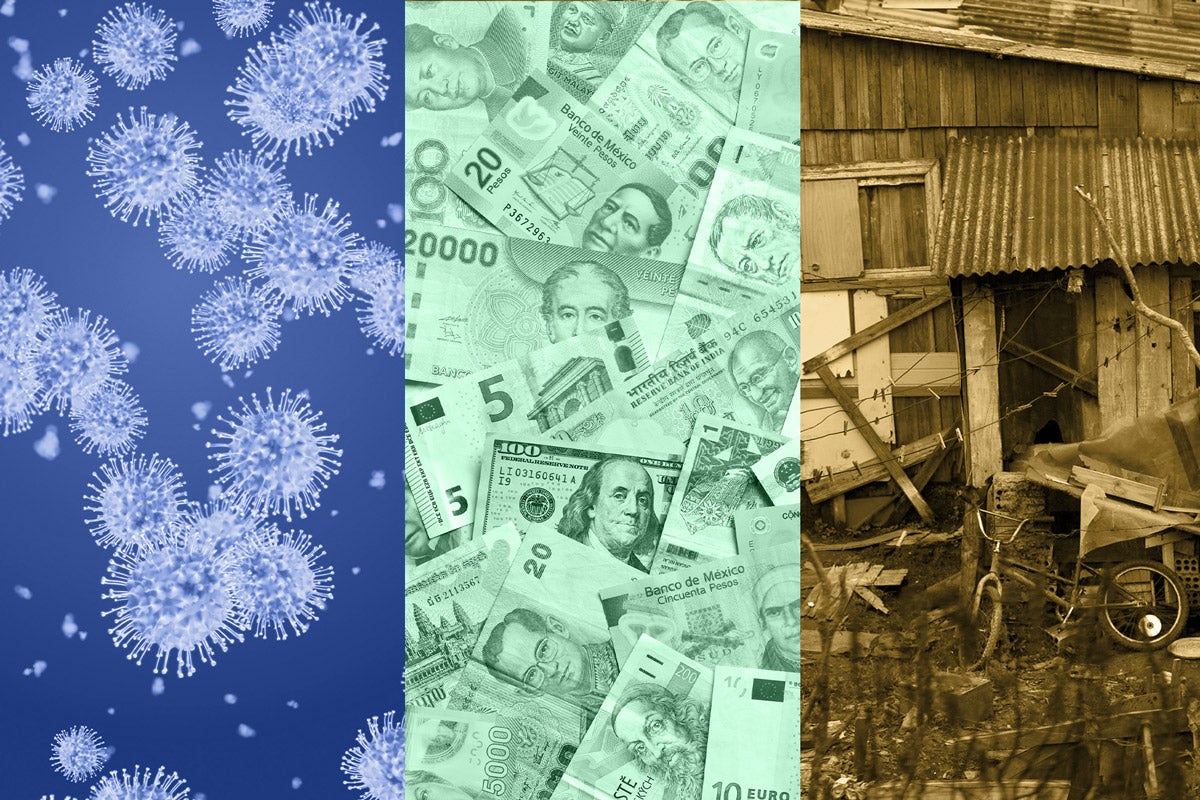 Image triptych: Close-up of COVID-19 virus (blue), mixed paper currency (green), a housing slum with a child's bike in the foreground (sepia).
