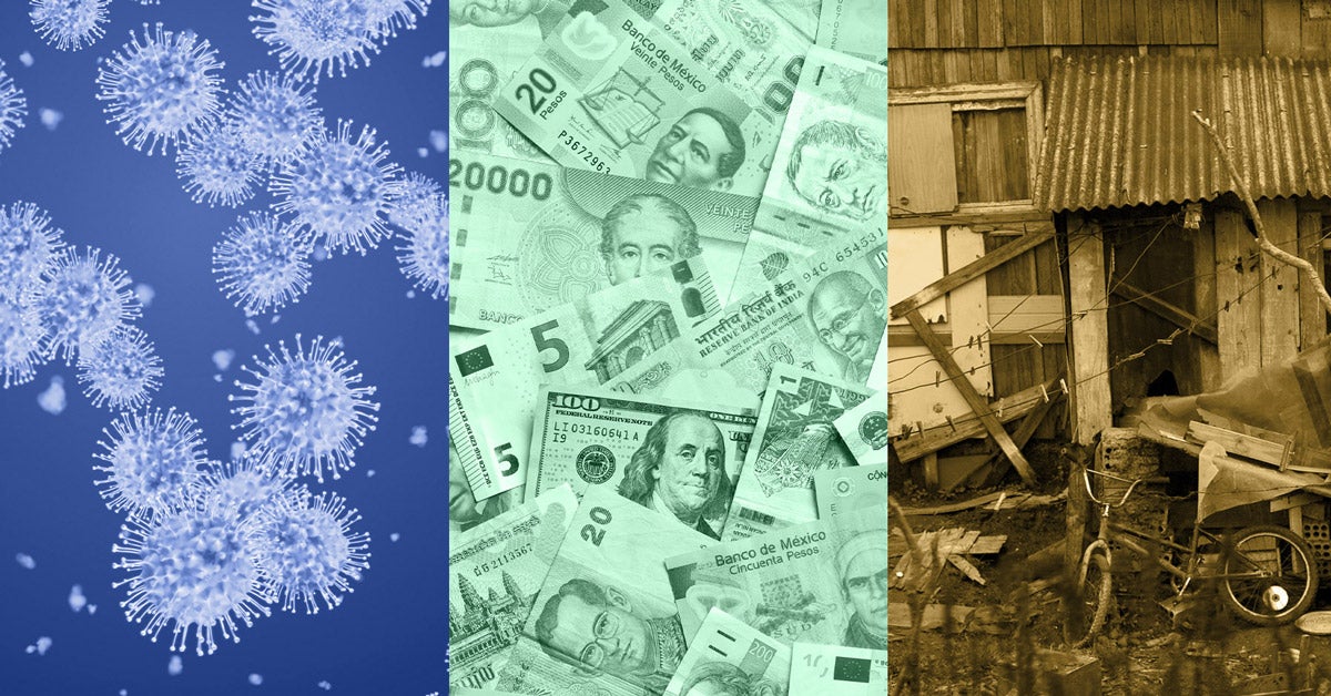 Image triptych: Close-up of COVID-19 virus (blue), mixed paper currency (green), a housing slum with a child's bike in the foreground (sepia).