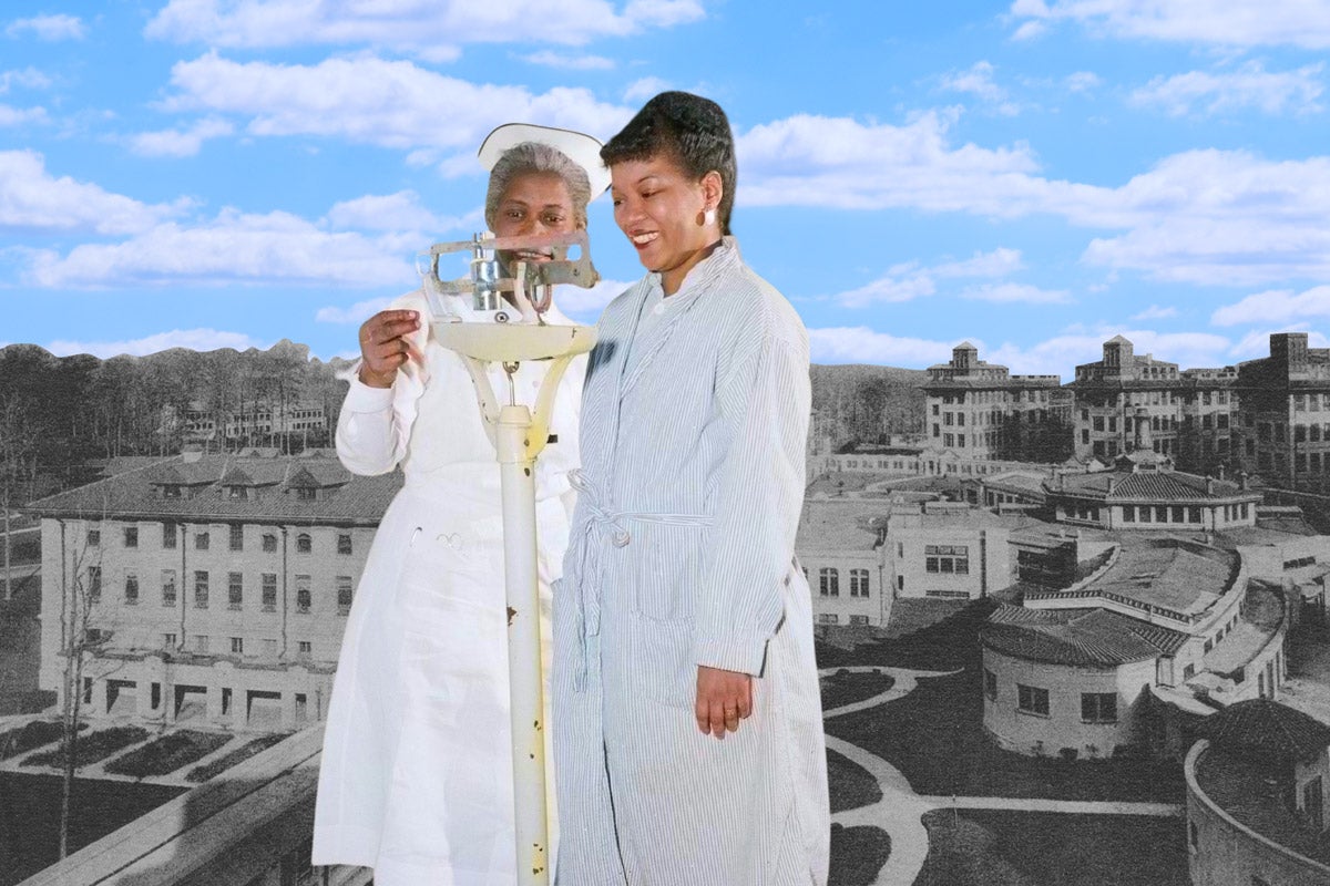 Archival photo illustration: A black female patient gets weighed by a black female nurse. The color image sits in front of a black and white image of SeaView hospital, with bright blue clouds and sky in the background.