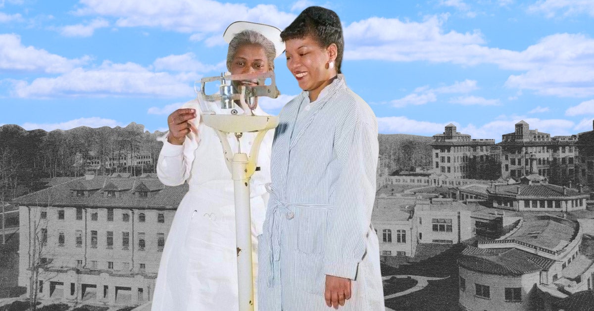 Archival photo illustration: A black female patient gets weighed by a black female nurse. The color image sits in front of a black and white image of SeaView hospital, with bright blue clouds and sky in the background.