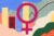 玫瑰色的女性符号位于由图表、线条图和粉红色、黄色、绿色和蓝色波浪构成的图案和纹理背景上