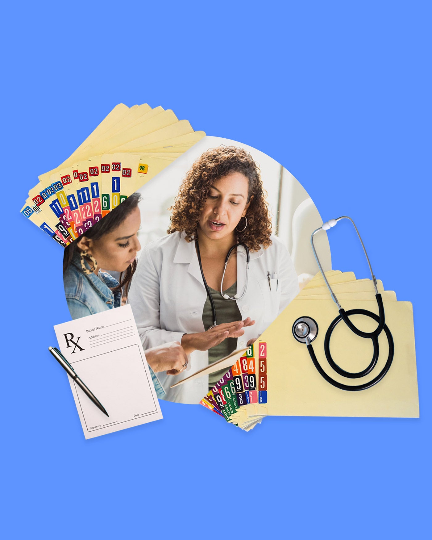 Medical file folders, a prescription pad and pen, and a stethoscope surround an image of a female nurse practitioner reviewing a chart with a female patient. Composition is on a blue-purple background.