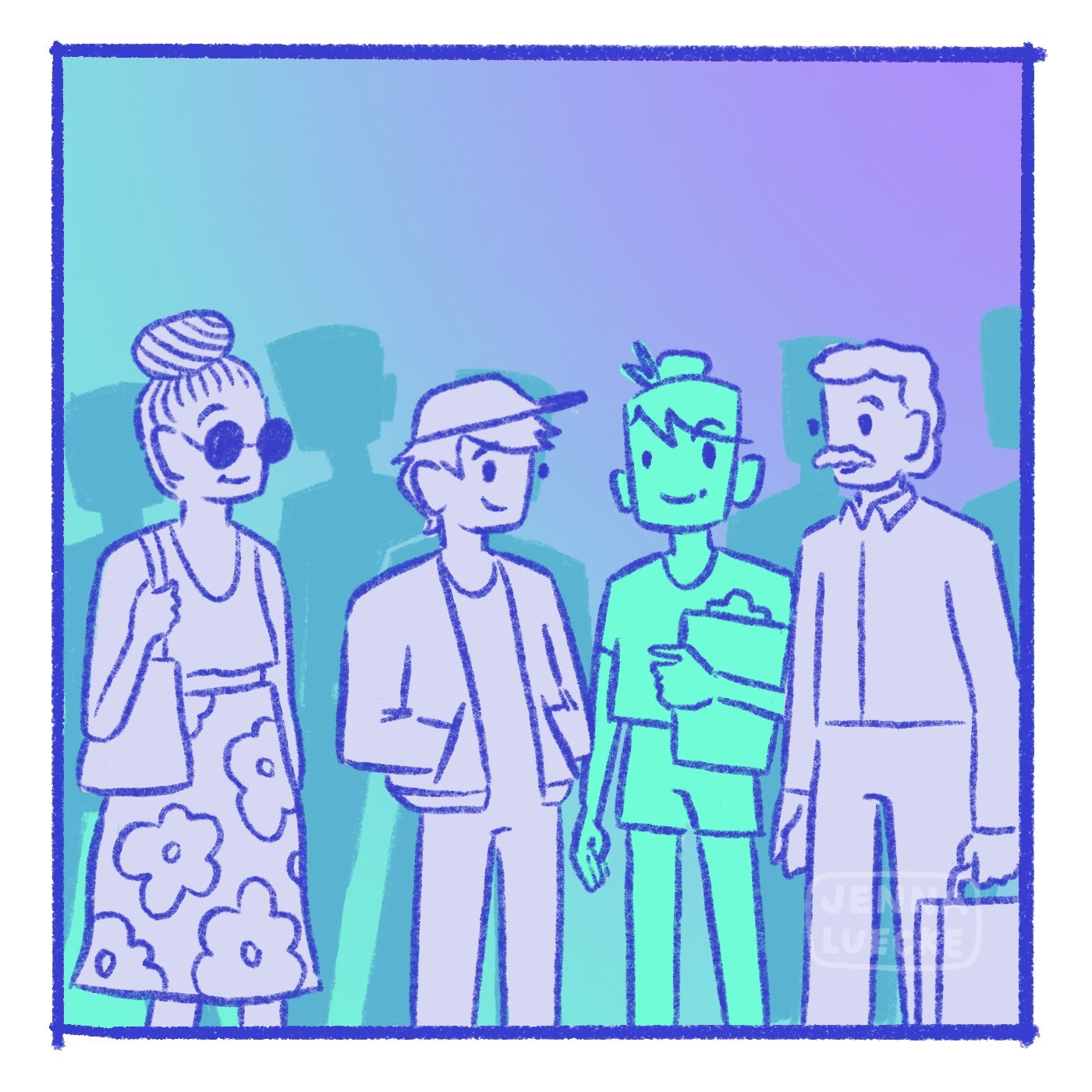 Illustration: A figure holding a clipboard smiles and three other figures smile towards them.