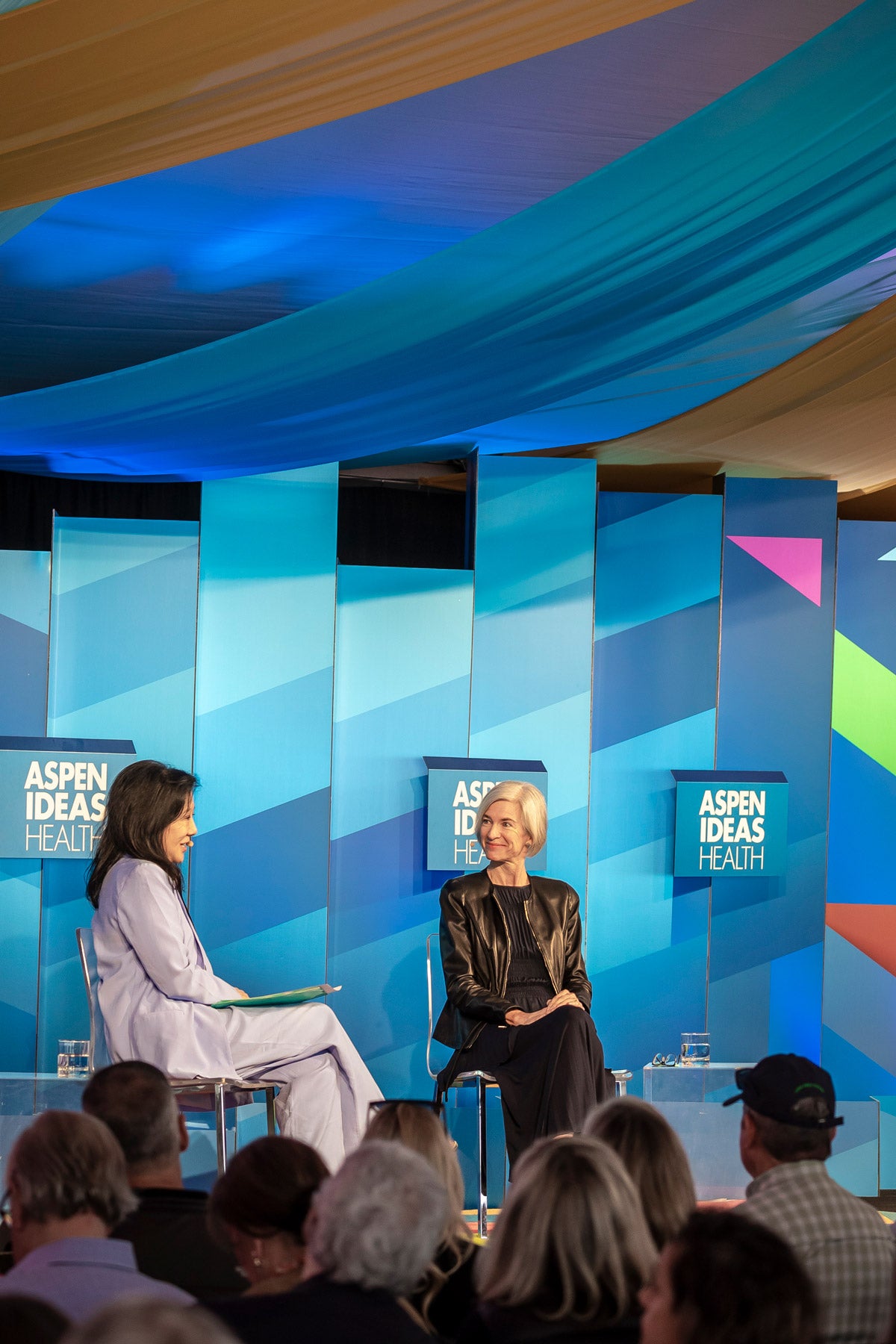 Alice Park and Jennifer Doudna seated on stage for a session talk at the Aspen Ideas Health Conference.