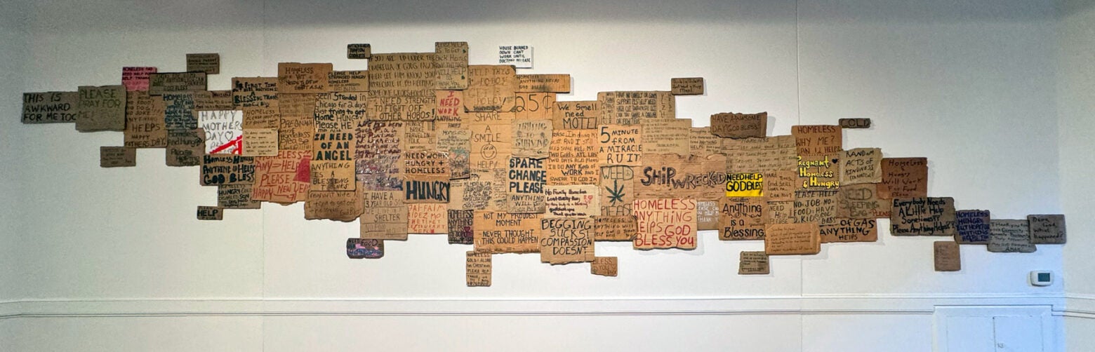 Handmade cardboard signs hang in an array on a white hallway. The text of each sign varies, but all are messages of homelessness.
