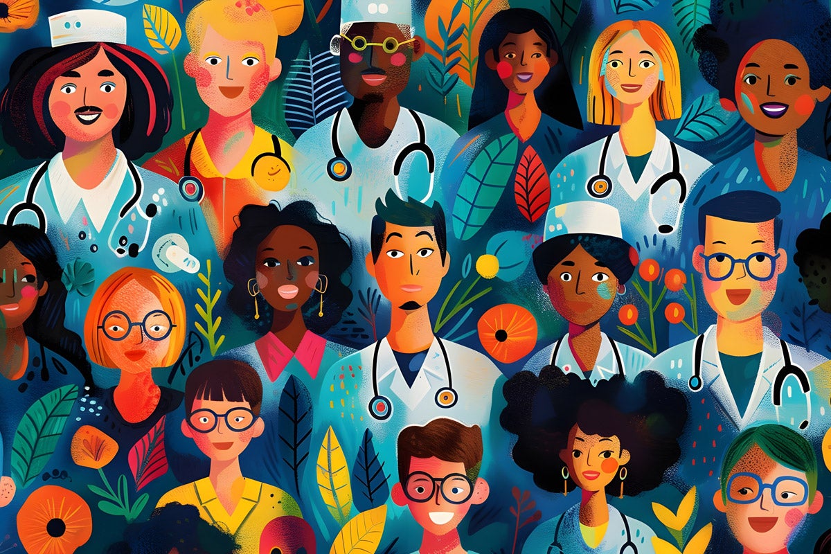 Colorful, diverse illustration of healthcare workers, doctors, nurses, and medical staff.