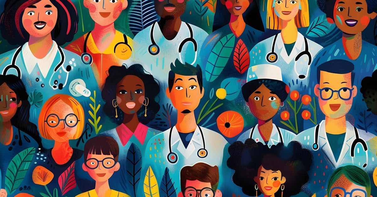 Colorful, diverse illustration of healthcare workers, doctors, nurses, and medical staff.