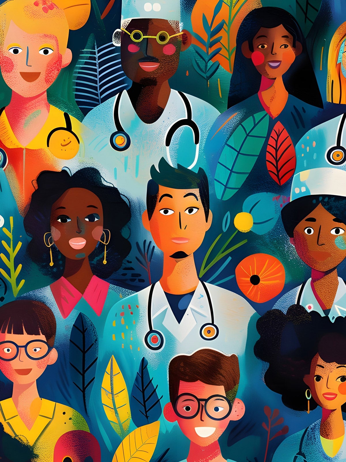 Colorful, diverse illustration of healthcare workers, doctors, nurses, and medical staff.