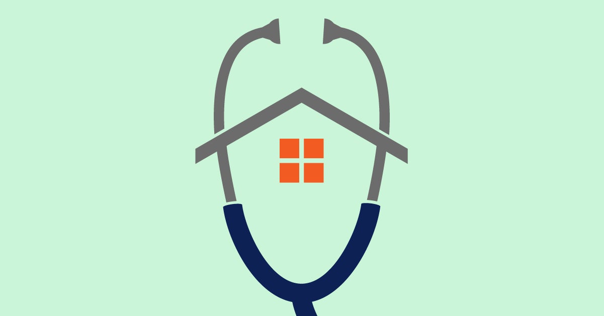 Illustration: Navy and gray stethoscope with the metal portions creating a house. Four orange squares representing windows are in the center. Background is seafoam green.