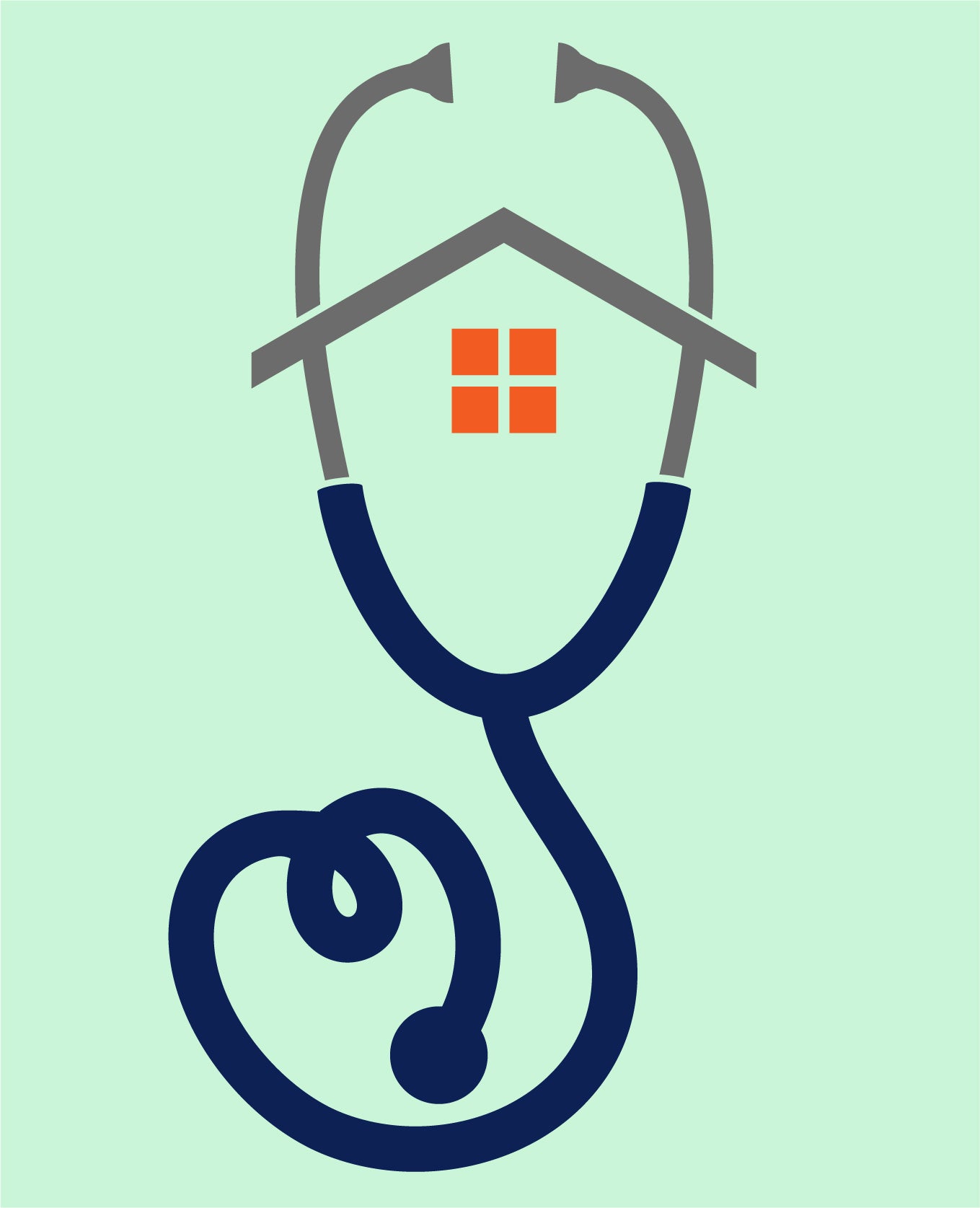 Illustration: Navy and gray stethoscope with the metal portions creating a house. Four orange squares representing windows are in the center. Background is seafoam green.