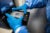 Two blue-gloved hands load a chip with medical specimens into a machine plate.