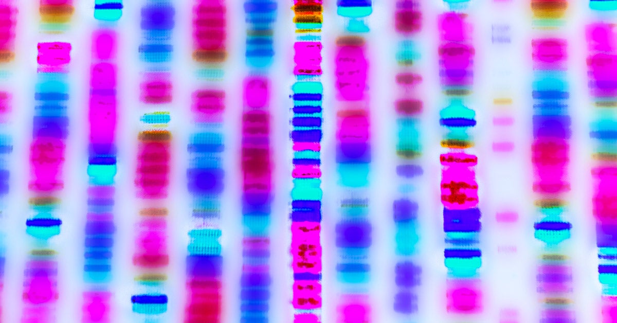 Graphic representation of the DNA sequence in bright blues, pinks and purples.