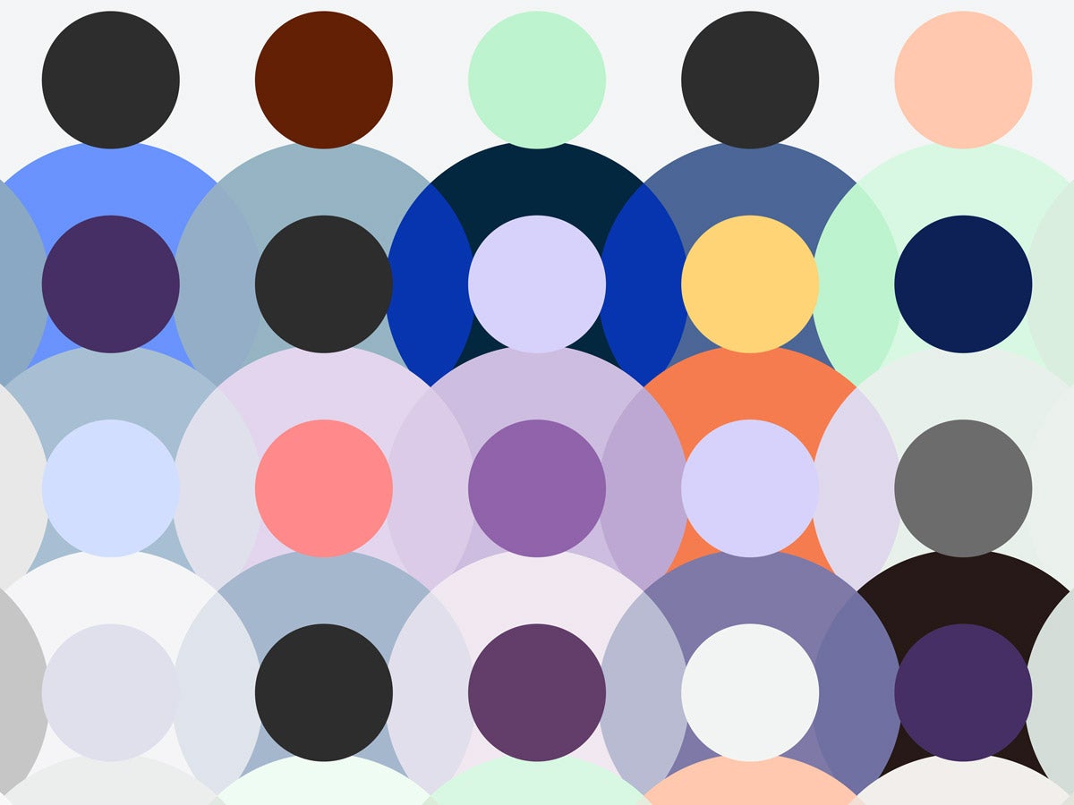 Bright, flat, various-colored circles create abstract human figures in rows.