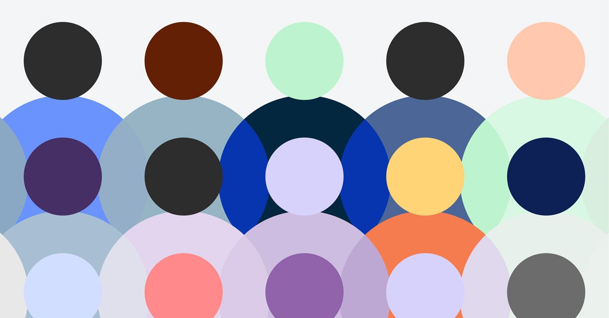 Bright, flat, various-colored circles create abstract human figures in rows.