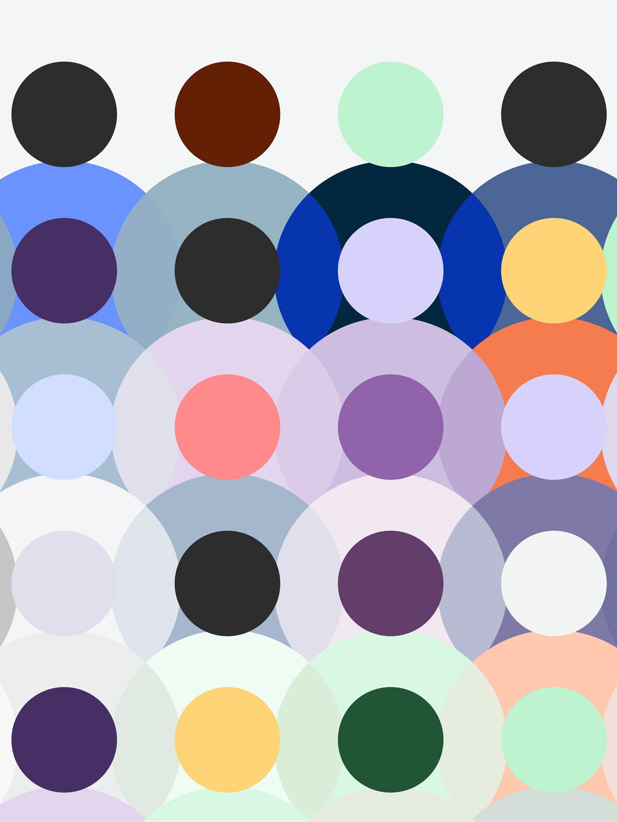 Bright, flat, various-colored circles create abstract human figures in rows.