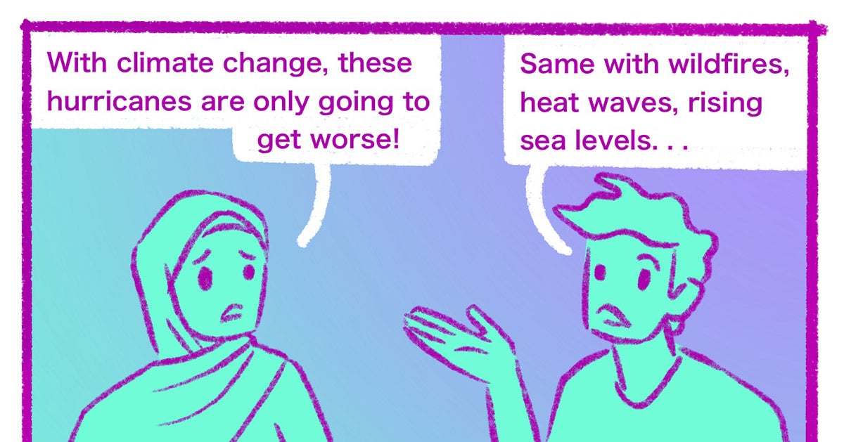 Top half of comic panel: Two figures, left says "With climate change, these hurricanes are only going to get worse!" Right says "Same with wildfires, heat waves, rising sea levels..."