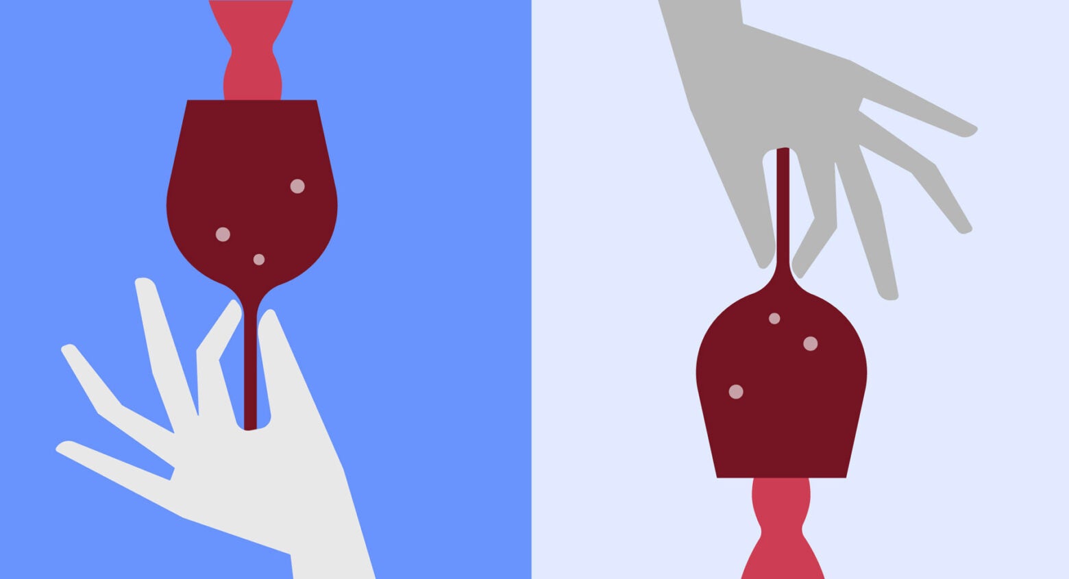 Illustration: Diptych of a hand holding a wine glass that’s getting filled and an inverse of wine being poured out.