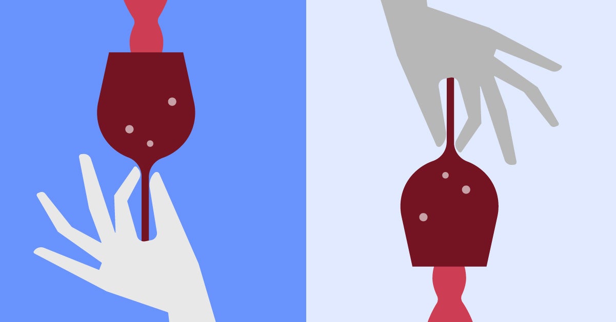 Illustration: Diptych of a hand holding a wine glass that’s getting filled and an inverse of wine being poured out.