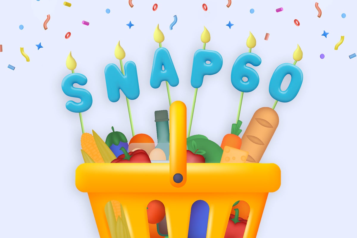 3D illustration: A full grocery basket with lit candles reading “SNAP60”. Confetti is in the background.