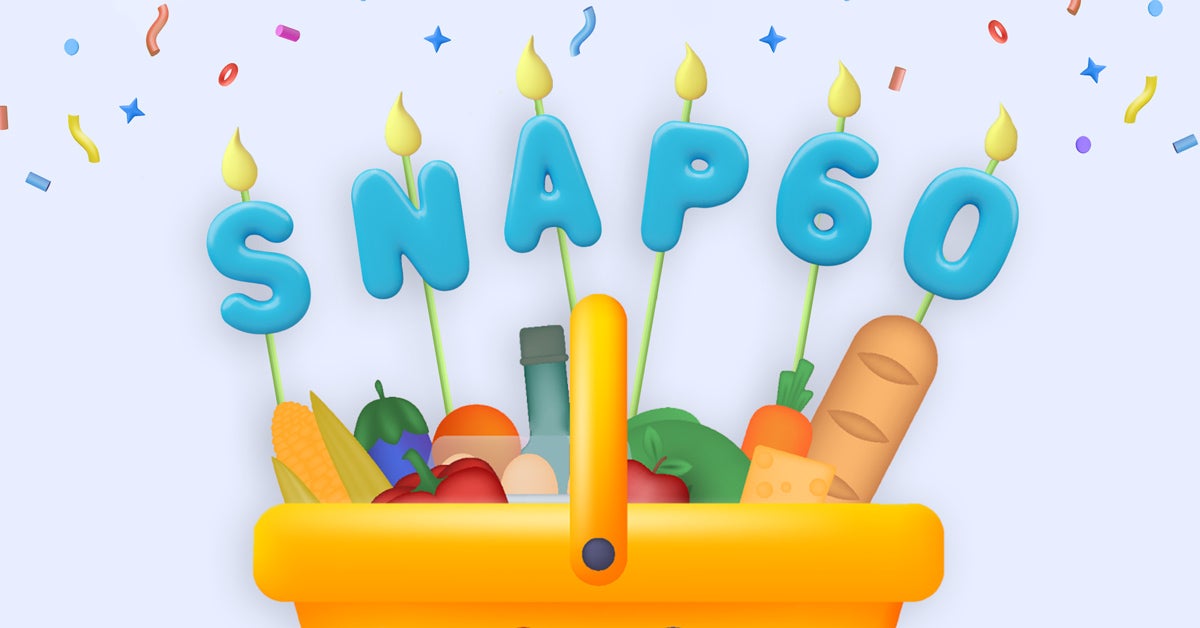 3D illustration: A full grocery basket with lit candles reading “SNAP60”. Confetti is in the background.