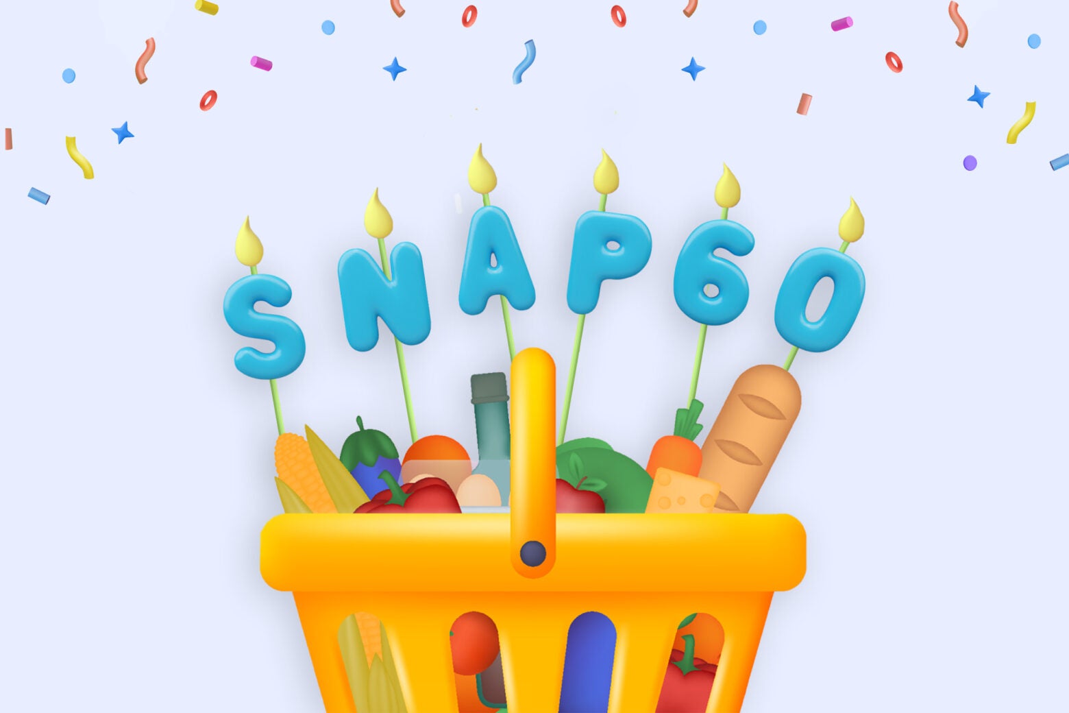 3D illustration: A full grocery basket with lit candles reading “SNAP60”. Confetti is in the background.