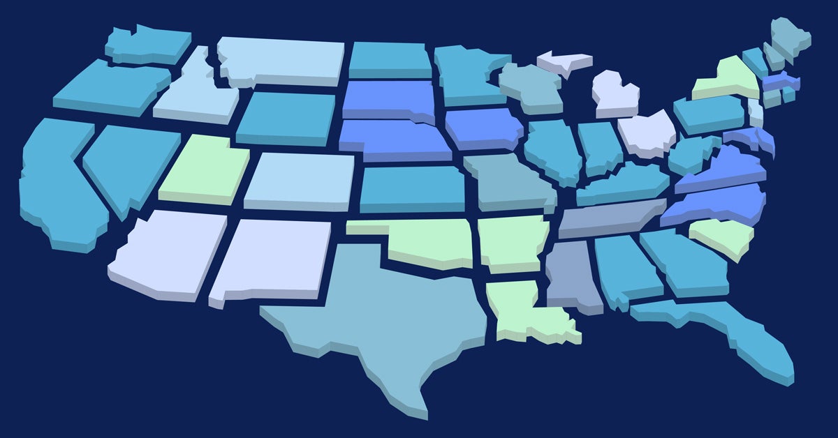 Map of the United States with each state separated. Colors are shades of blues and greens.