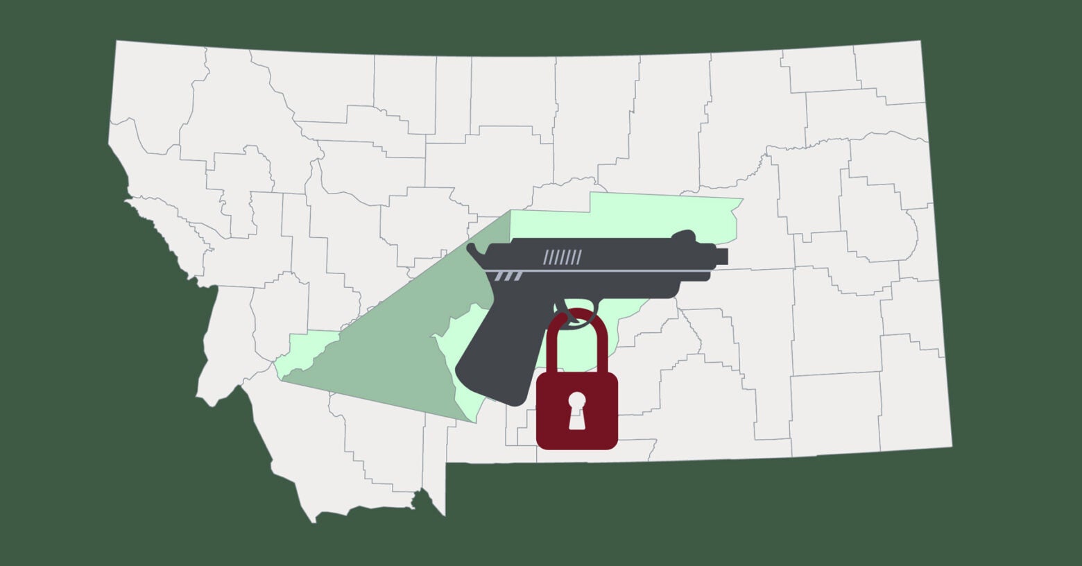 Illustration: The state of Montana with the southwestern county Anaconda-Deer Lodge County highlighted and enlarged. A revolver with a red gun lock is on top.