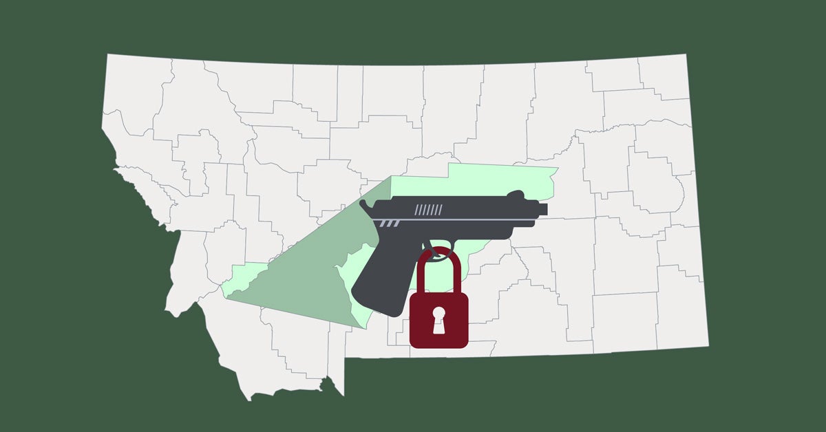 Illustration: The state of Montana with the southwestern county Anaconda-Deer Lodge County highlighted and enlarged. A revolver with a red gun lock is on top.