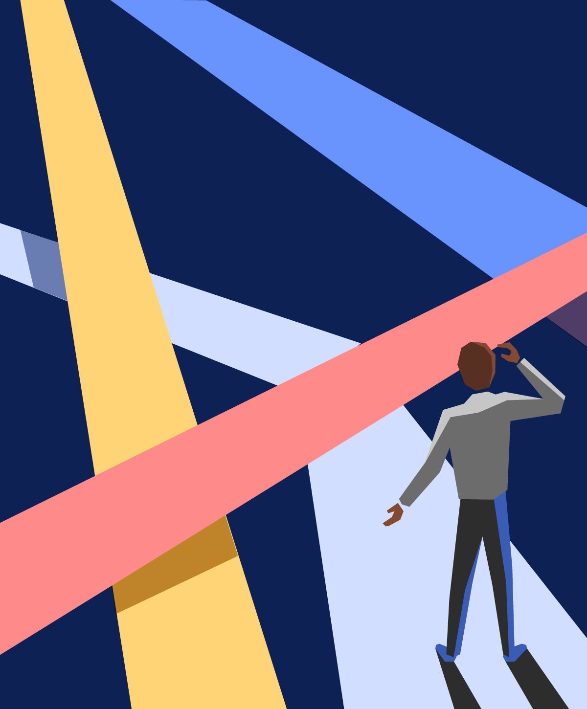 Illustration: A figure stands on one abstract, geometric path with three other paths crossing in different directions.