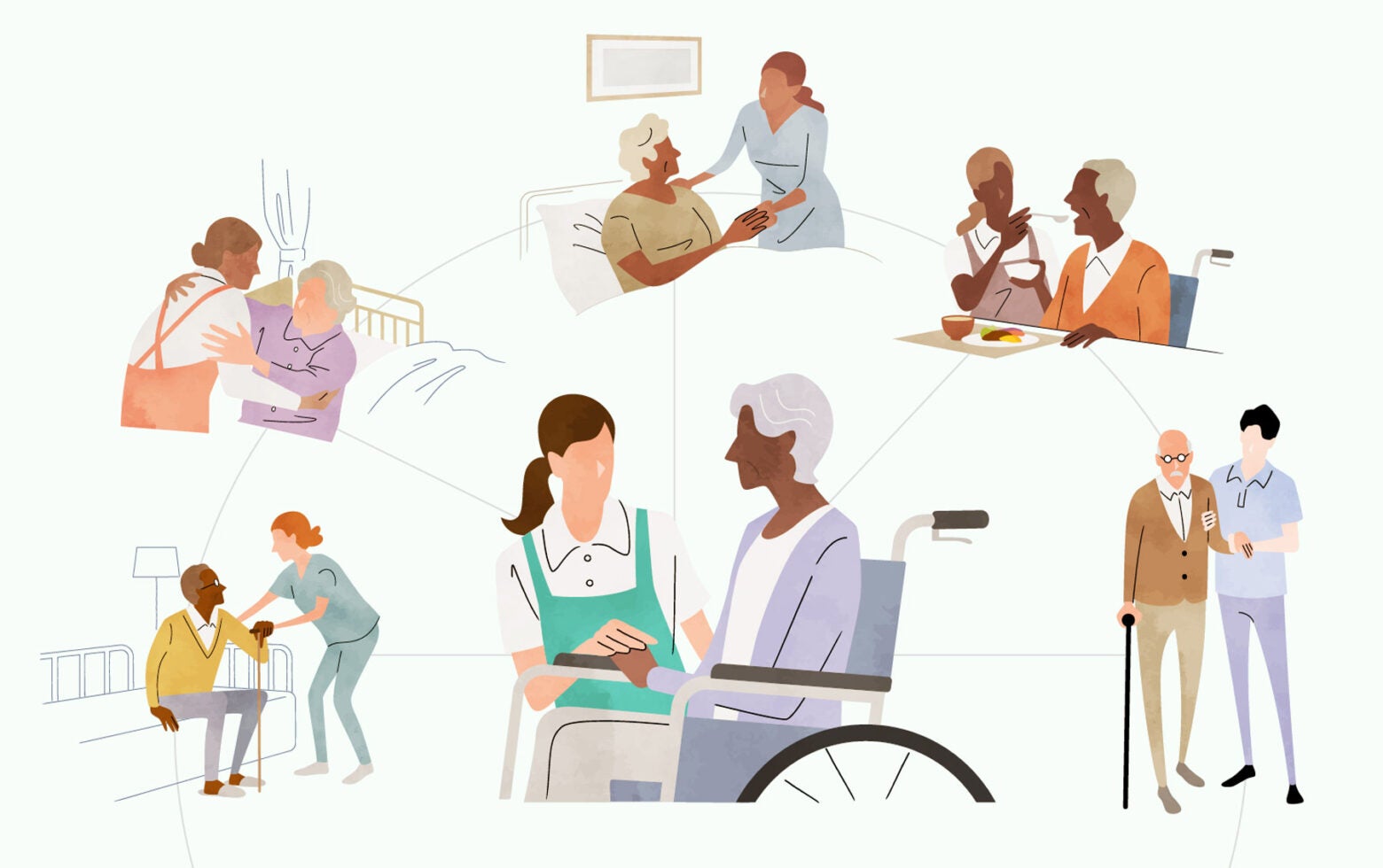 Illustration: Six illustrations of home health care workers and patients in various actives. In the center, an aide leans next to an elderly woman in a wheelchair. The illustrations are connection by intersecting lines.