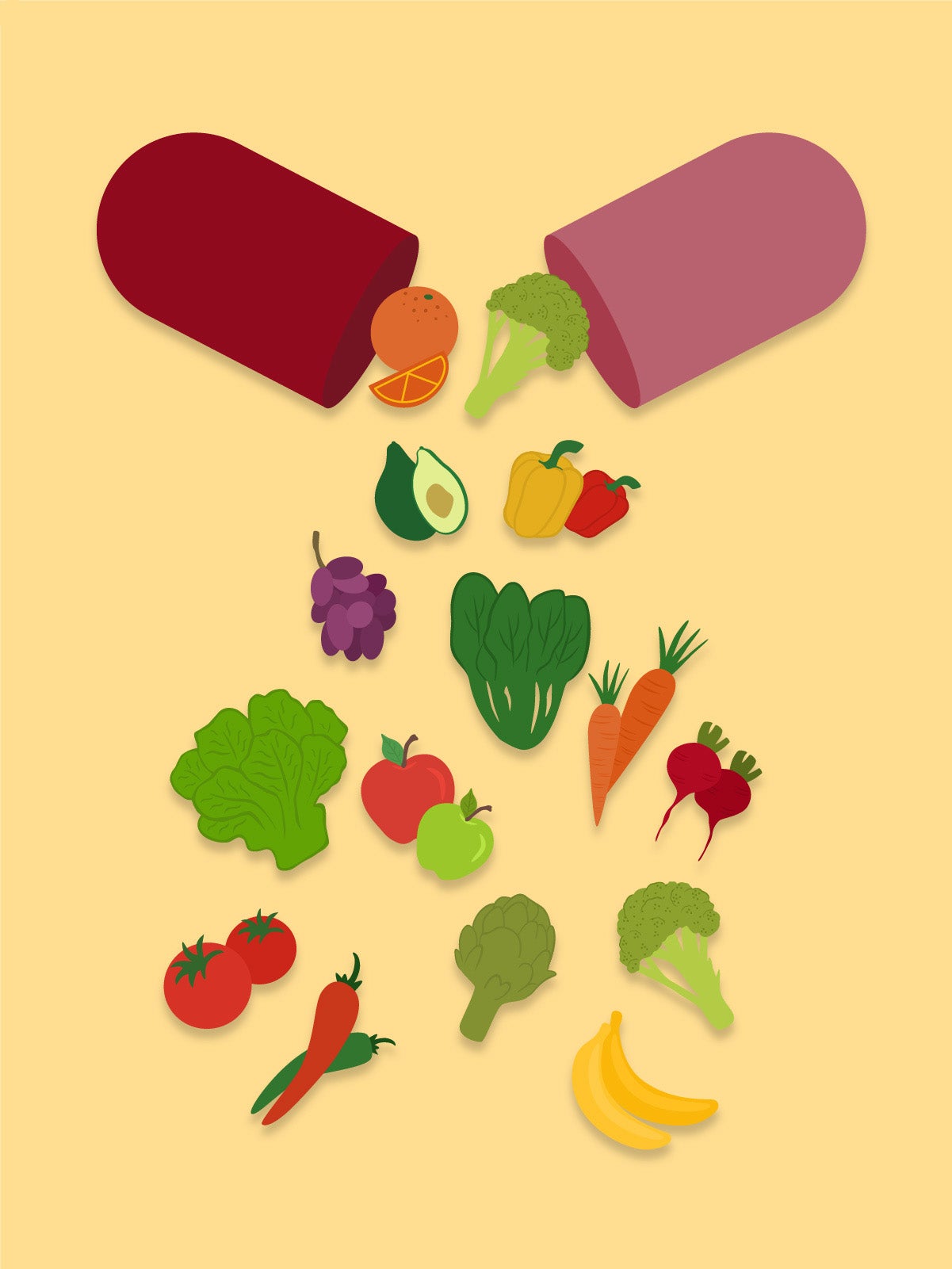 Illustration: An oversized red and pink pill capsule opens and pours fruits and vegetables on a yellow background.