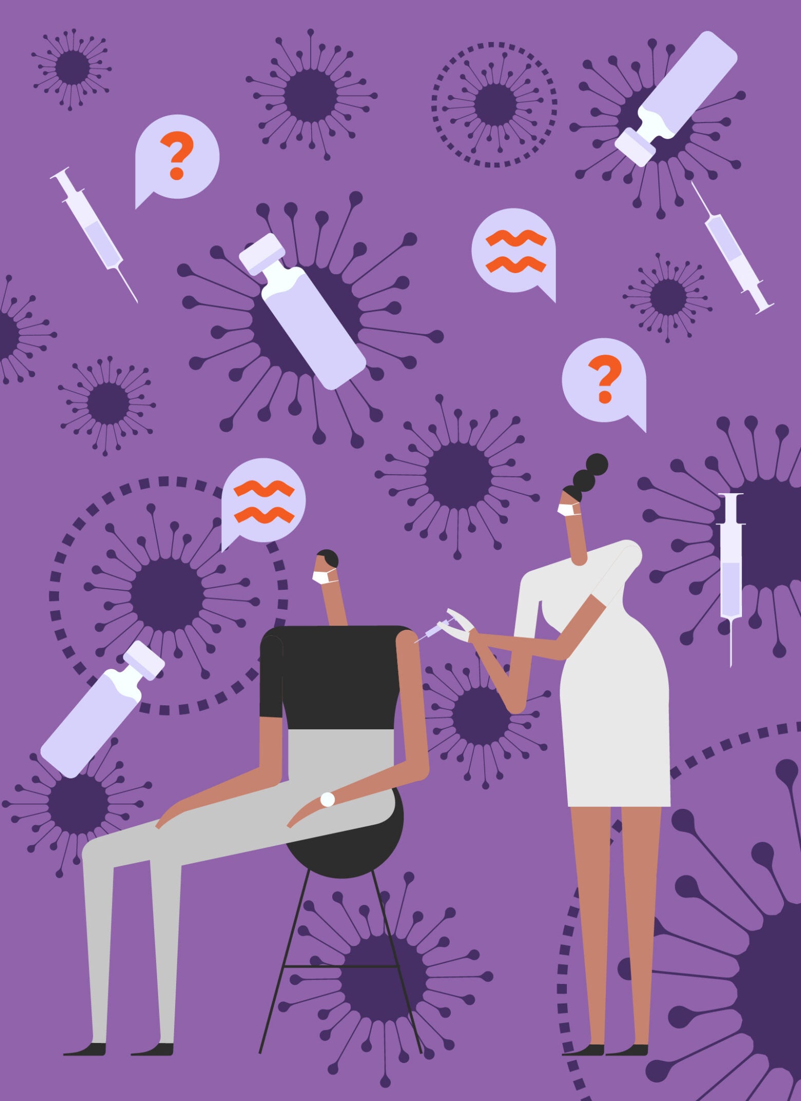 Illustration: A female healthcare worker inserts a shot into a seated male patient’s arm. The purple background has dark purple viruses and light purple vaccine bottles and syringes. Four speech bubbles, two with orange question marks, two with lines imply discussion.