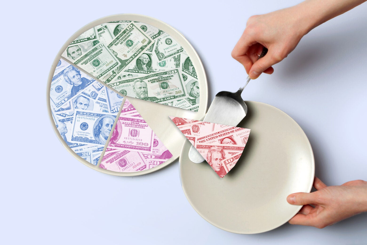 Photo illustration: A “dollar-pie” with four different sized slices. A set of hands plates a single slice on a plate.