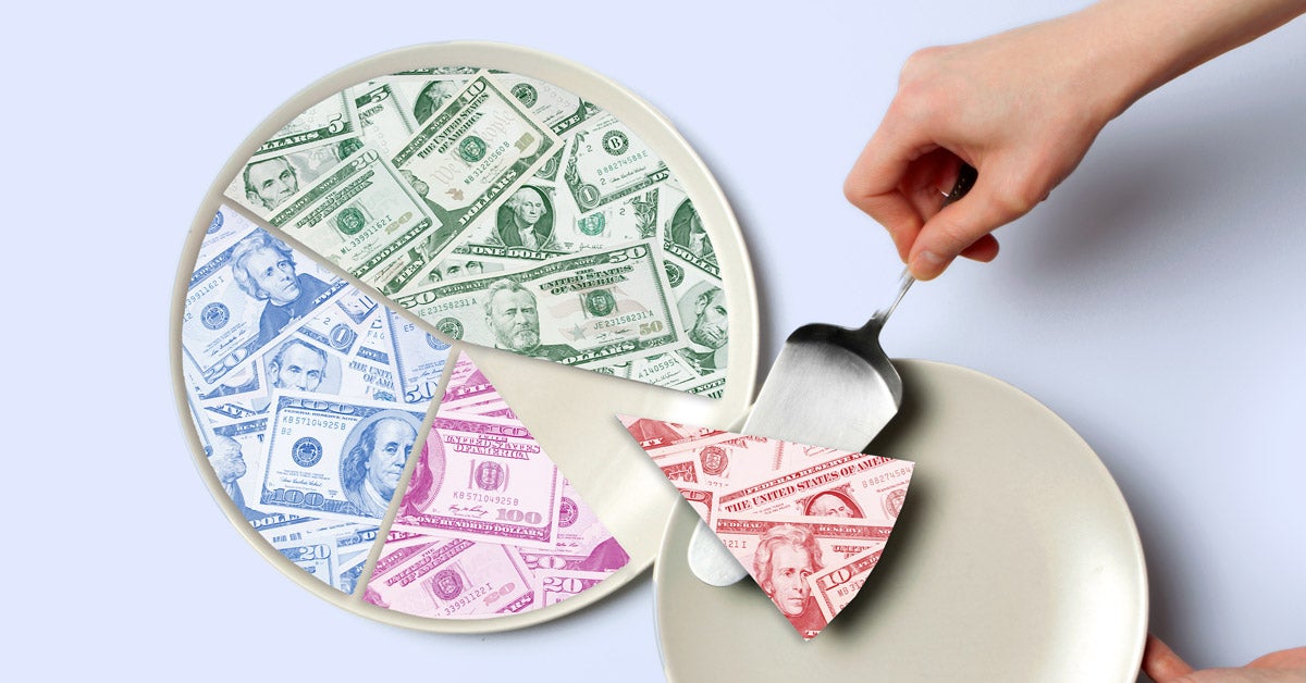 Photo illustration: A “dollar-pie” with four different sized slices. A set of hands plates a single slice on a plate.