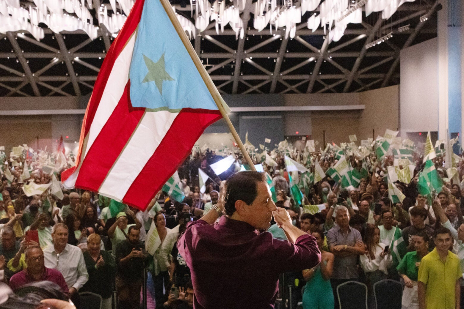 Politician Juan Dalmau, photographed from behind, waves a Puerto Rico flag in front of a large crowd of supporters at a convention.