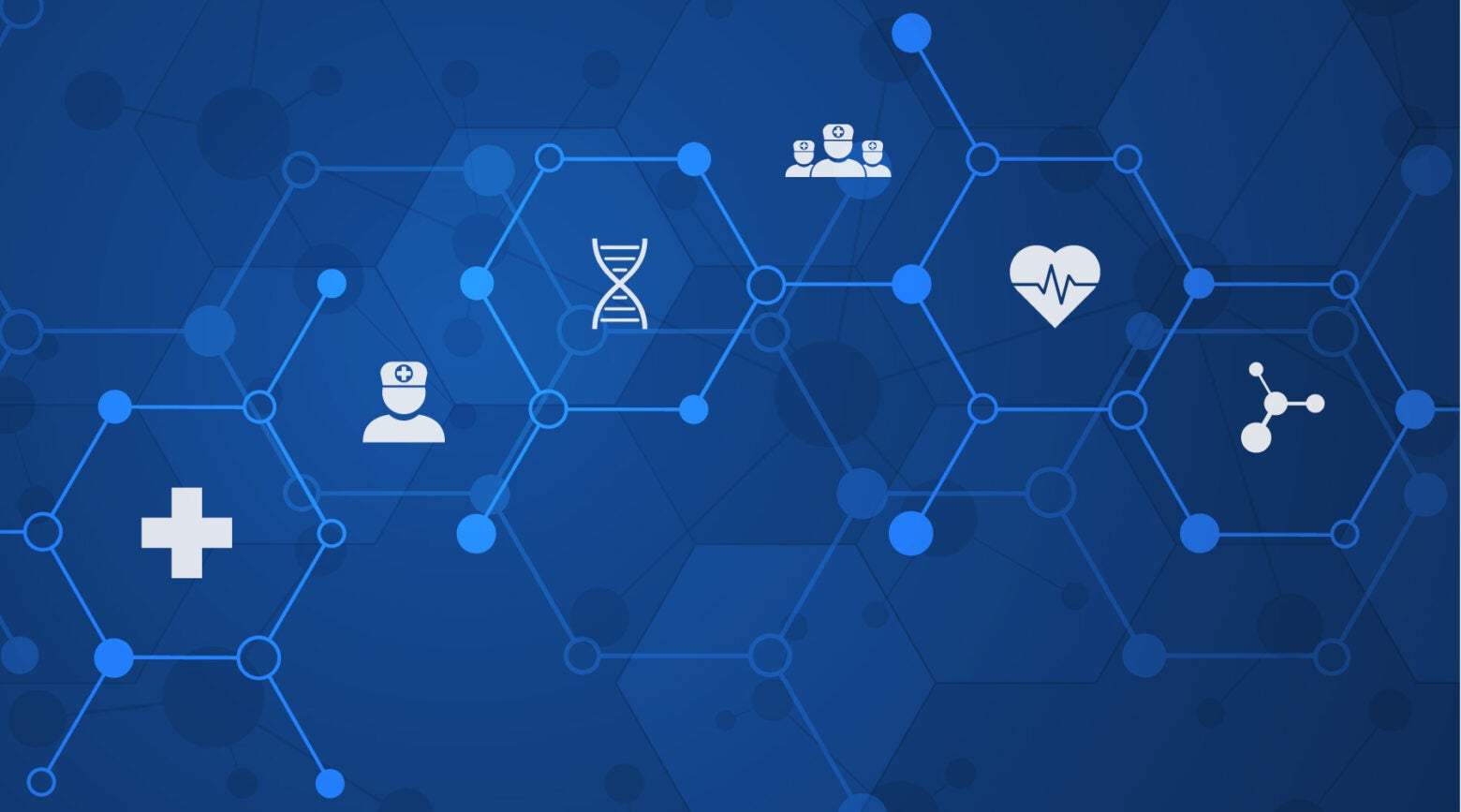 Illustration: Blue hexagons with filled and open circles in the corners float on a darker blue background. Within the hexagons are health and science icons: cross, doctor, DNA, heartbeat, molecules, and a healthcare team.