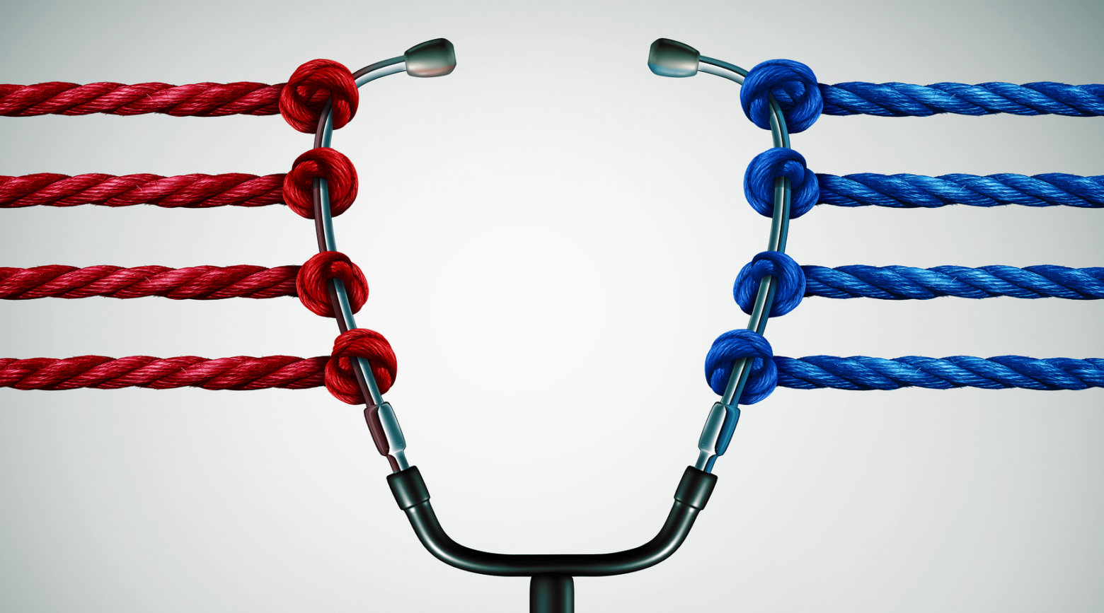 Four roped red knots are tied on one side of a stethoscope and four roped blue knots are tied on the other. The ropes extend off-image, “pulling” the stethoscope in opposite directions.