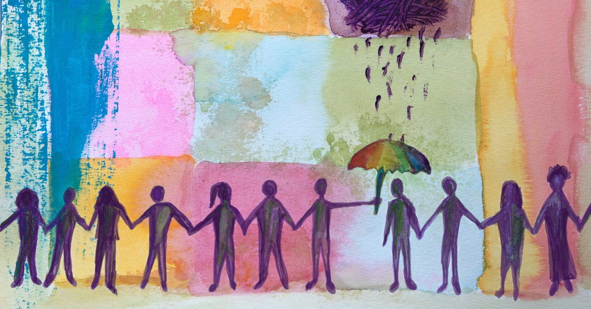 Purple, human figures hold hands across the bottom of the illustration. One figure holds a rainbow umbrella over the head of the figure on its right, protecting it from an abstract rain cloud and raindrops. The composition has a patchwork background of orange, green, pink, blue, and green squares.