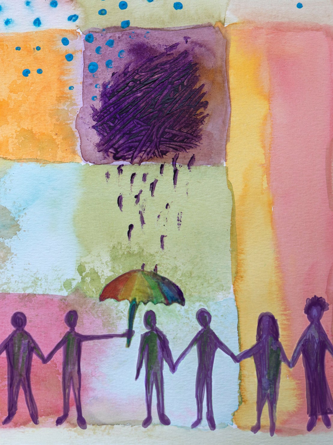 Purple, human figures hold hands across the bottom of the illustration. One figure holds a rainbow umbrella over the head of the figure on its right, protecting it from an abstract rain cloud and raindrops. The composition has a patchwork background of orange, green, pink, blue, and green shapes.