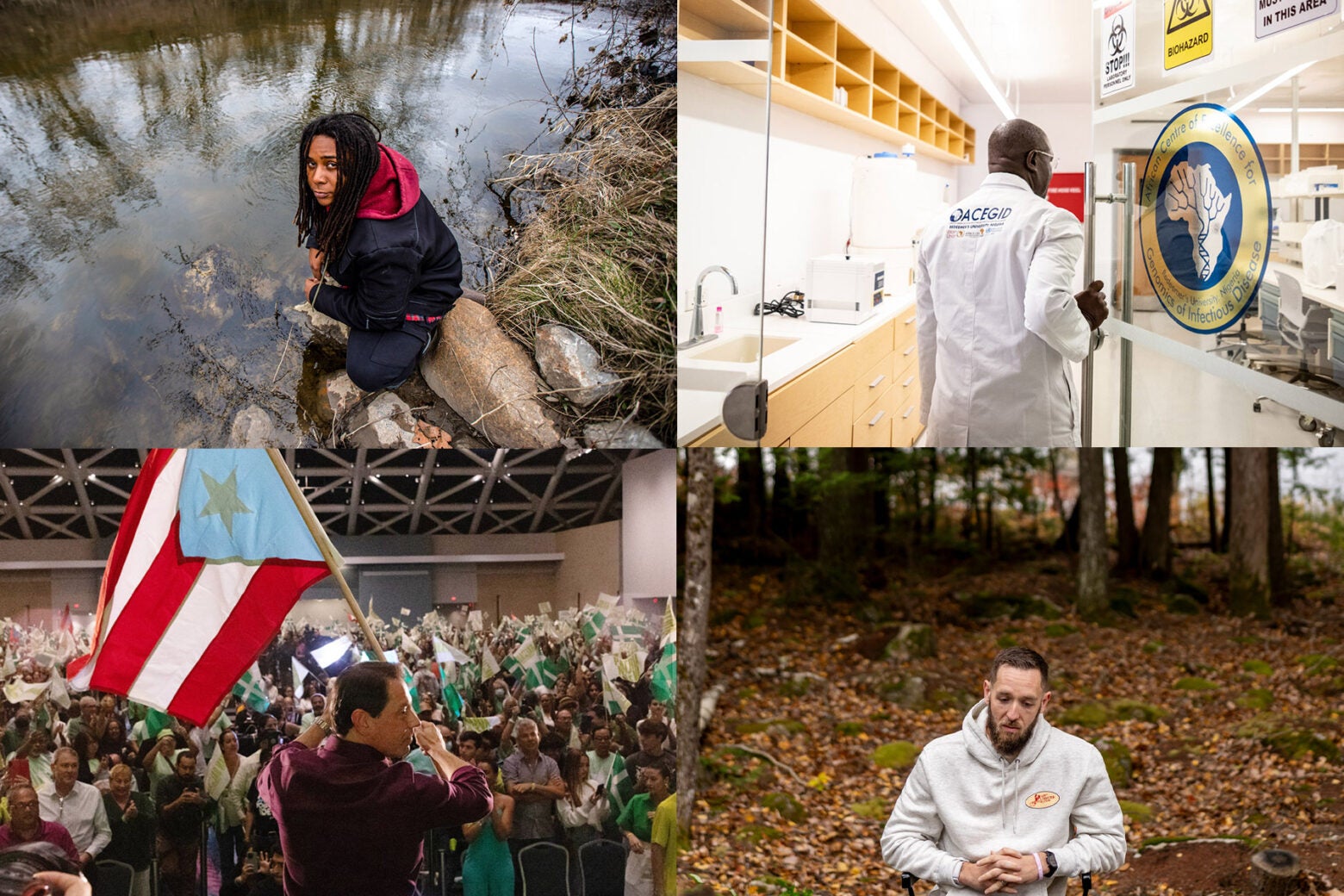 Four photos in a 2x2 grid: Row 1: A bMarcel Simmons squats near the Flint River and looks a the camera. Christian Happi enters the ACEGID lab. Row 2: Juan Dalmau waves a Puerto Rican flag to a crowd of supporters. Will Howard sits on a chair in a forested area, looking at his folded hands.