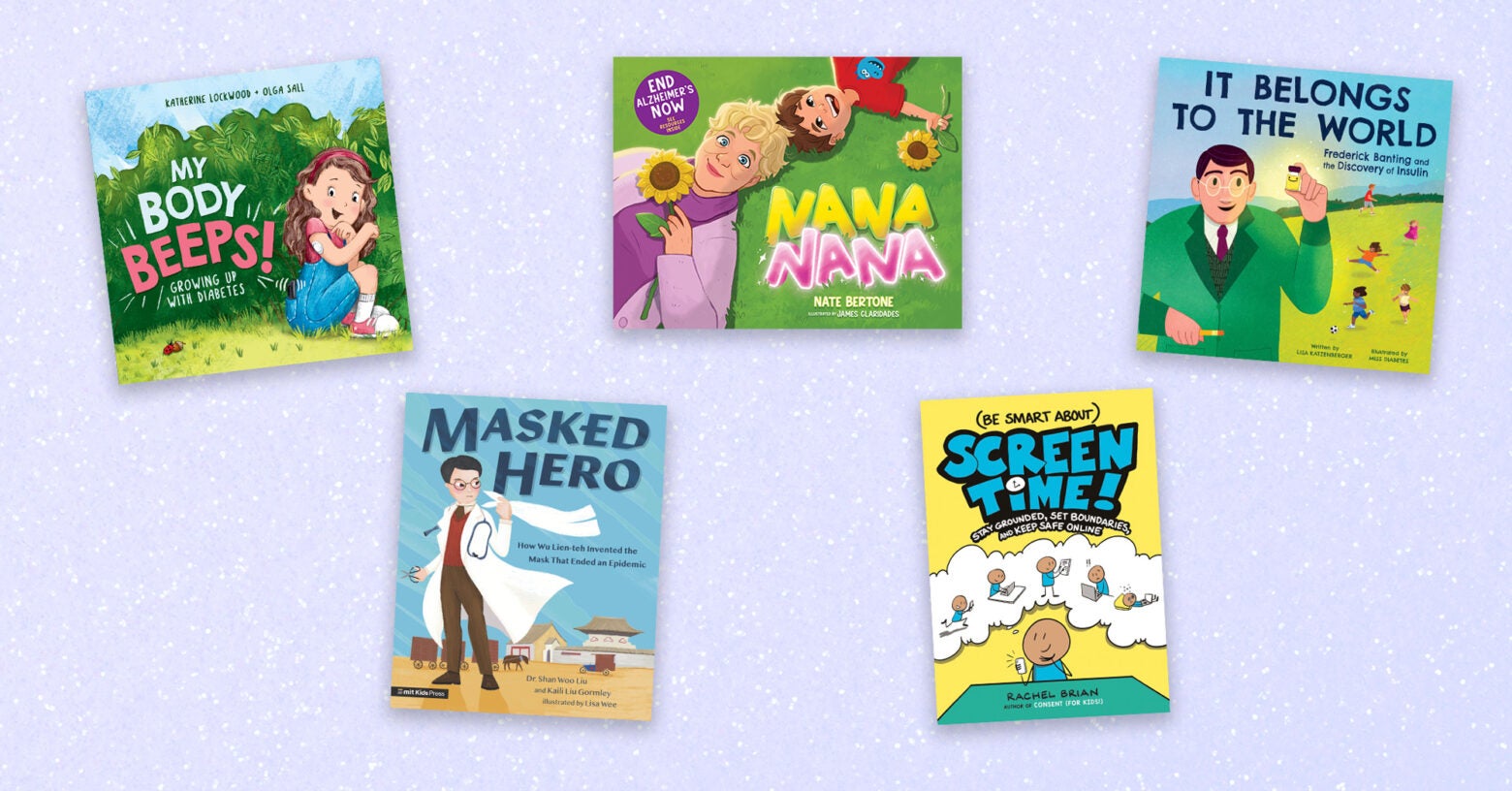 Five children's book covers on a light purple background.