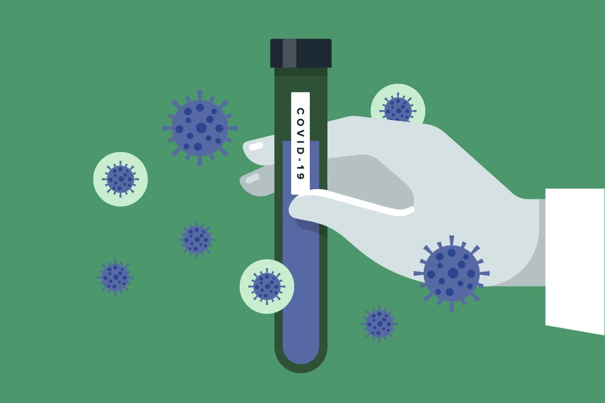 Illustration: A gloved hand holds a test tube of COVID-19. Enlarged viruses float in the background.