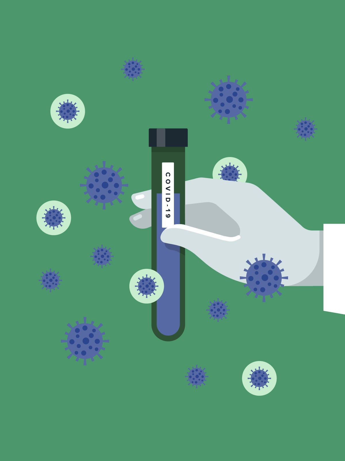 Illustration: A gloved hand holds a test tube of COVID-19. Enlarged viruses float in the background.