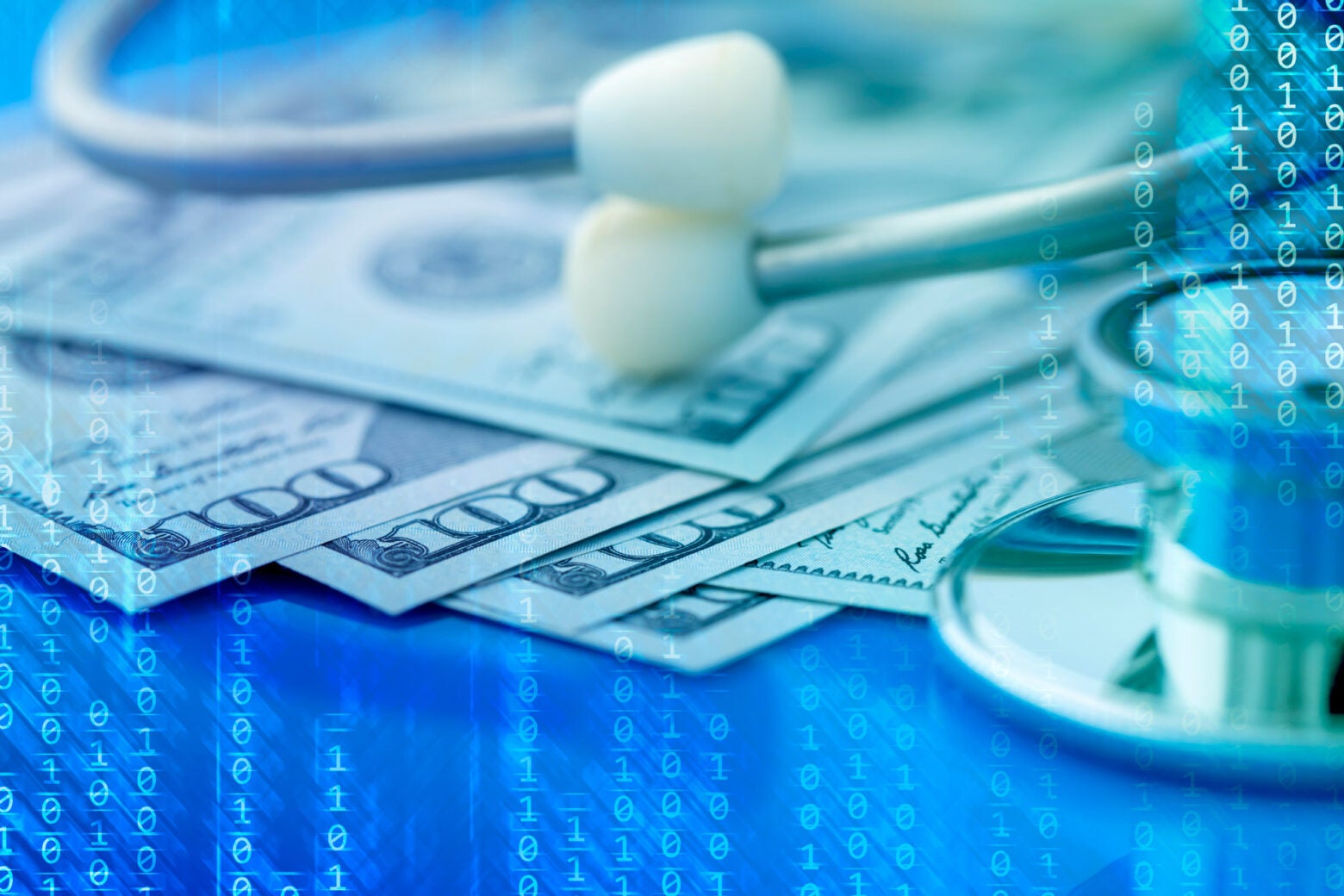 Abstract blue technology photo illustration with binary code, US dollars and a stethoscope